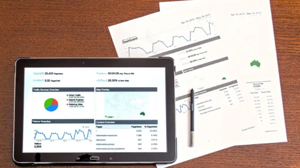 Tablet and papers with graphs and numbers presented in report style